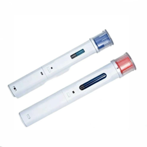 Two disposable injector pens in orange and blue color-coded caps for different dosage or medication identification