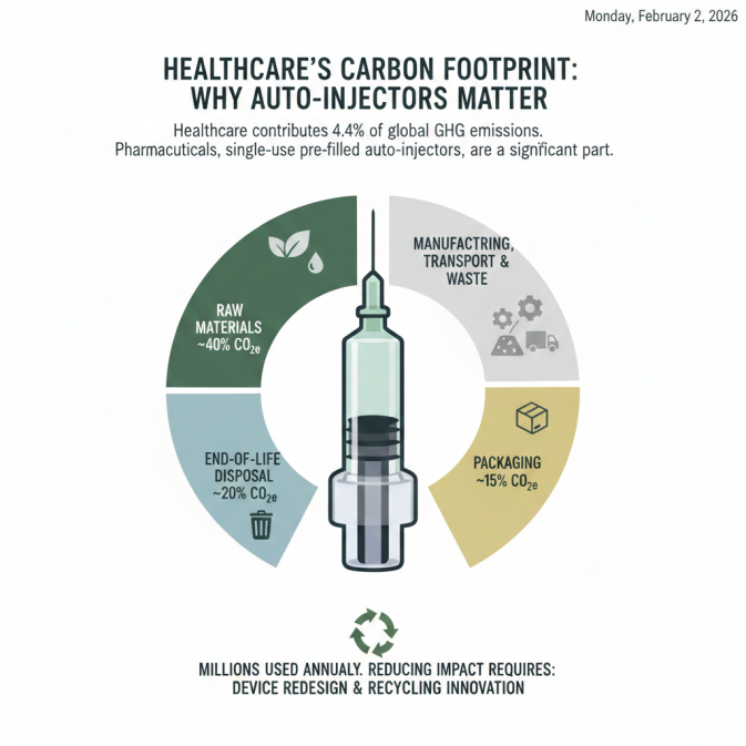 This infographic breaks down auto-injector emissions and the sustainability innovations needed for greener healthcare.