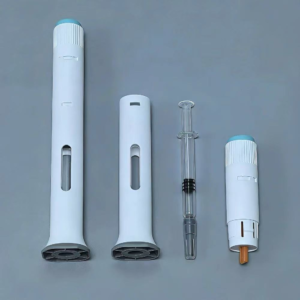 Components of three-step manual pen injector compatible with pre-filled syringes