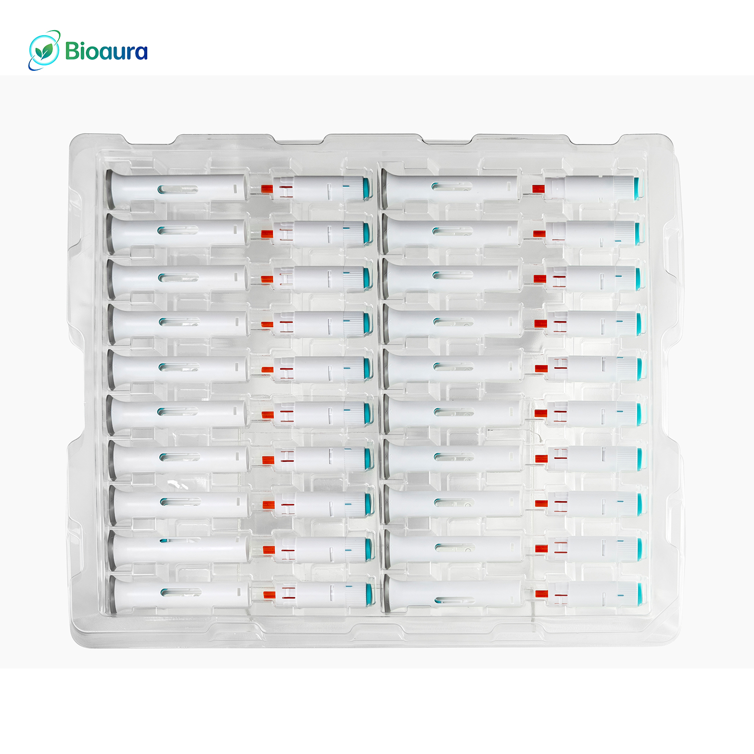 Large batch of 3-step prefilled auto injectors stored in production trays