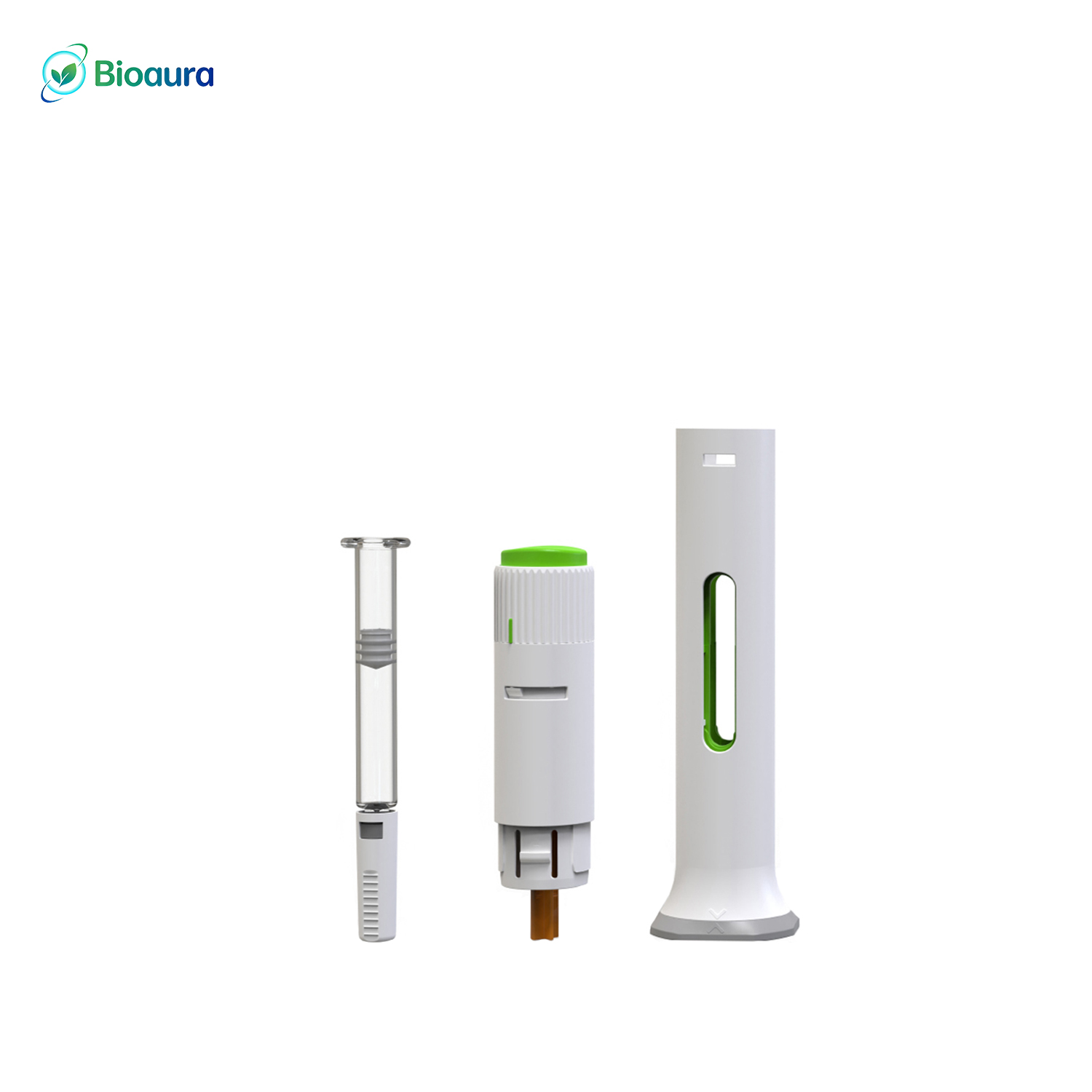 Disassembled precision parts layout for a 3-step prefilled auto injector system
