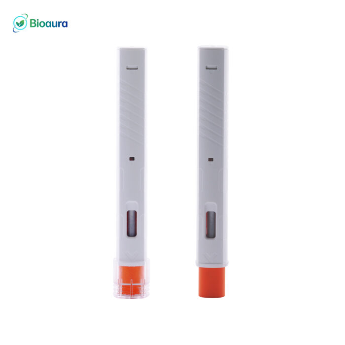 Two 2-step prefilled auto injectors displayed side by side for evaluation