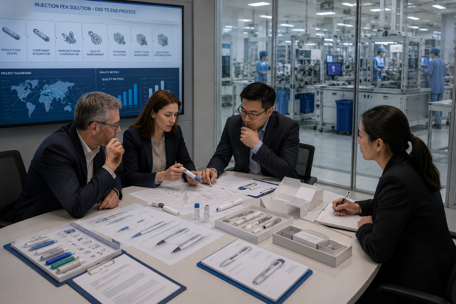 Photorealistic corporate scene showing cross-functional pharmaceutical and medical device team reviewing injection pen design, manufacturing coordination, quality documents, packaging plans, and supply chain dashboards in a modern R&D meeting room with subtle cleanroom production background.