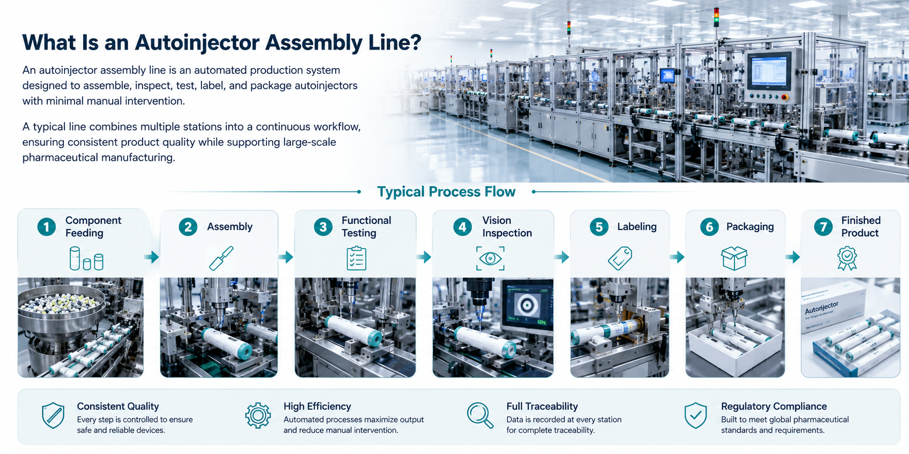 A typical line combines multiple stations into a continuous workflow, ensuring consistent product quality while supporting large-scale pharmaceutical manufacturing.