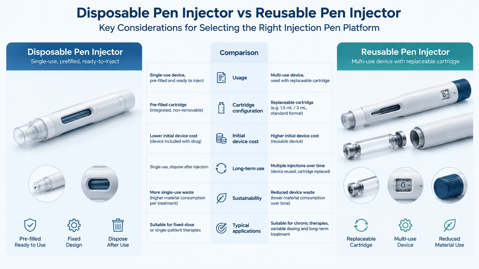 Comparison of disposable and reusable pen injectors including usage, cartridge configuration, cost, sustainability, and long-term use