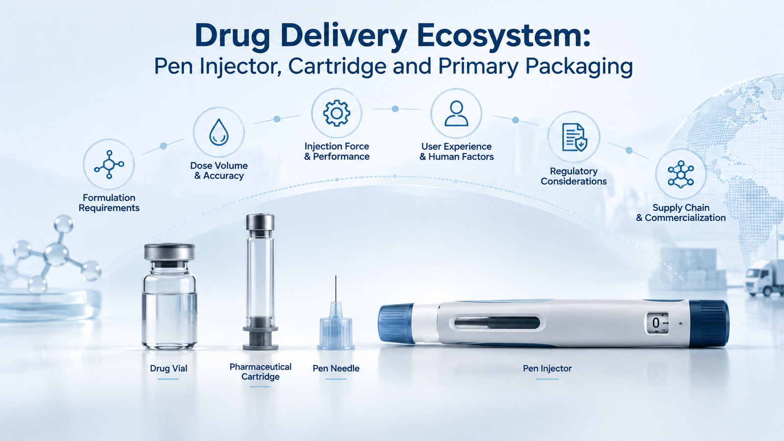 Drug delivery ecosystem showing a pen injector, cartridge, needle, and primary packaging considerations